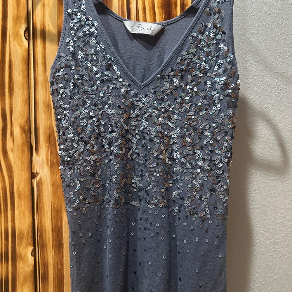 Ruched Gray Blue Sequin Tank Top